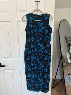 Vintage Black Midi Dress with Electric Blue Floral Pattern